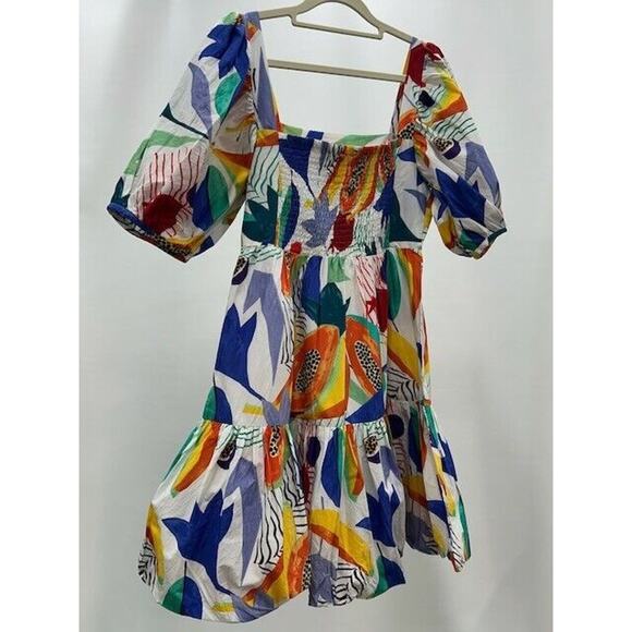 Oliphant Mini Dress Bubble Skirt Puff Sleeves Smocked Papaya Yellow Size XS NWT - Picture 2 of 15